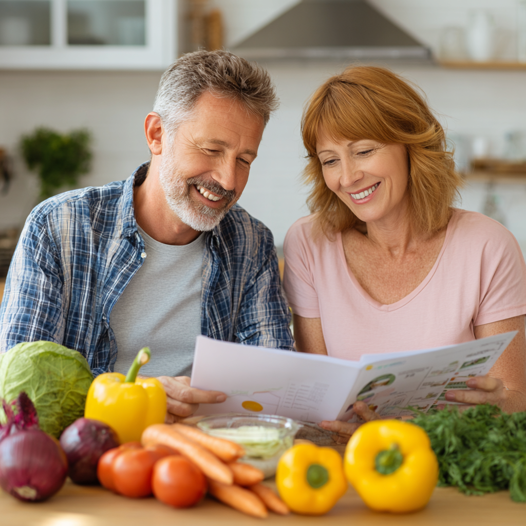 Middle-aged Polish man and woman studying nutrition charts and healthy food ingredients in a bright kitchen, both smiling