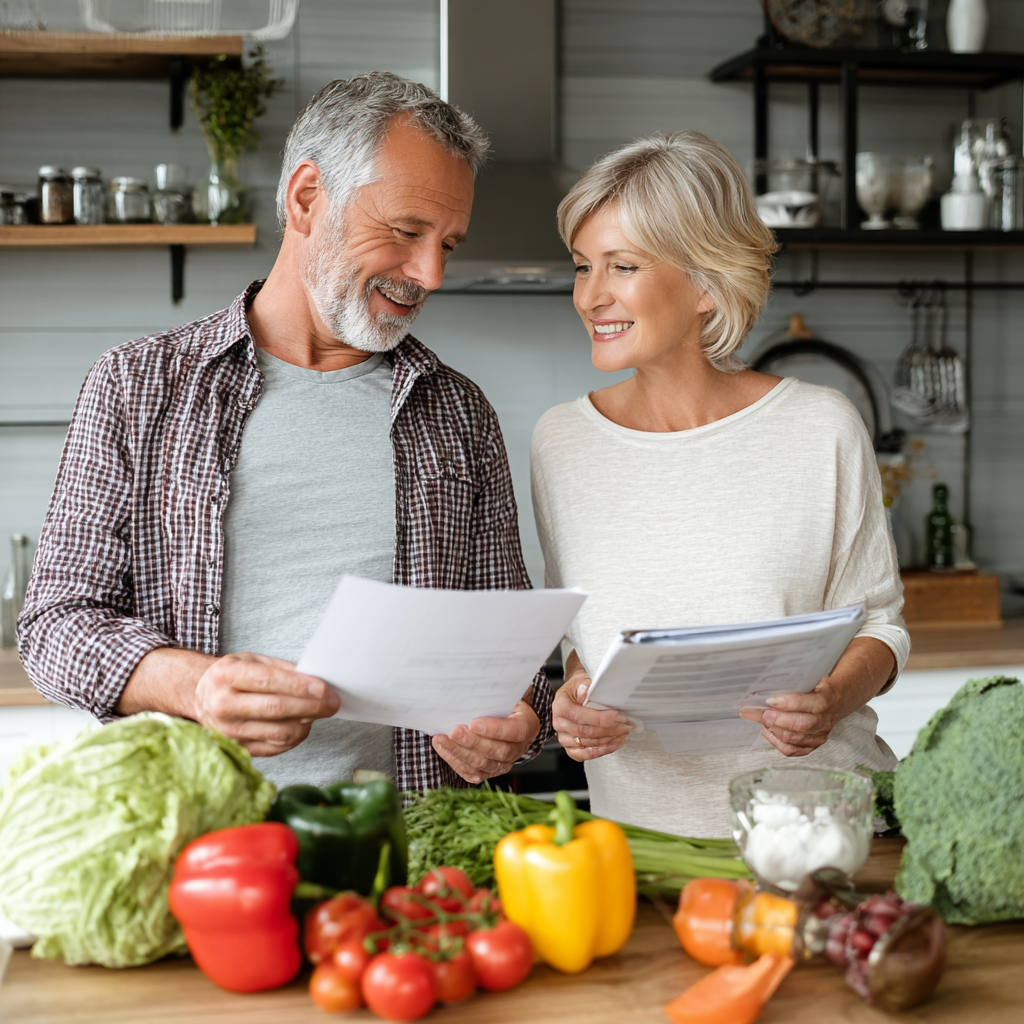 Professional Polish woman in her 30s working at a standing desk with healthy snacks nearby, smiling while taking a break